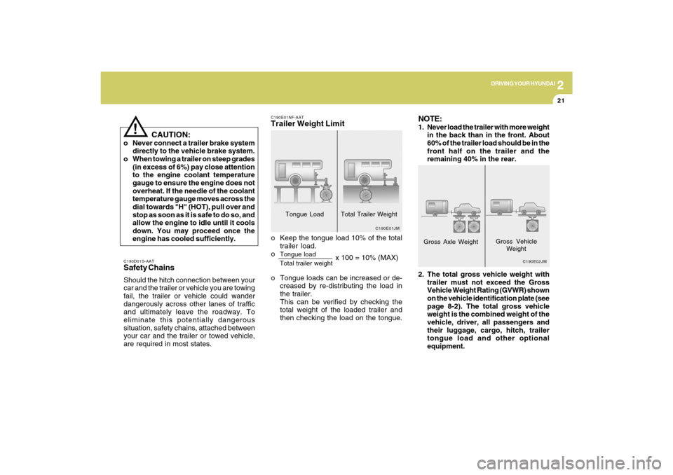 Hyundai Sonata 2009  Owners Manual 2
DRIVING YOUR HYUNDAI
21
C190D01S-AATSafety ChainsShould the hitch connection between your
car and the trailer or vehicle you are towing
fail, the trailer or vehicle could wander
dangerously across o