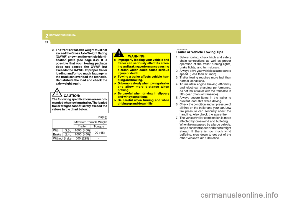 Hyundai Sonata 2
DRIVING YOUR HYUNDAI
22
C190F01Y-GATTrailer or Vehicle Towing Tips1. Before towing, check hitch and safety
chain connections as well as proper
operation of the trailer running lights,
brake lights, 