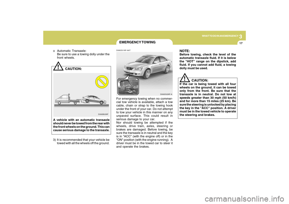 Hyundai Sonata 3
WHAT TO DO IN AN EMERGENCY
17
!
D080B02NF
   CAUTION:
o Automatic Transaxle:
Be sure to use a towing dolly under the
front wheels.
A vehicle with an automatic transaxle
should never be towed from th