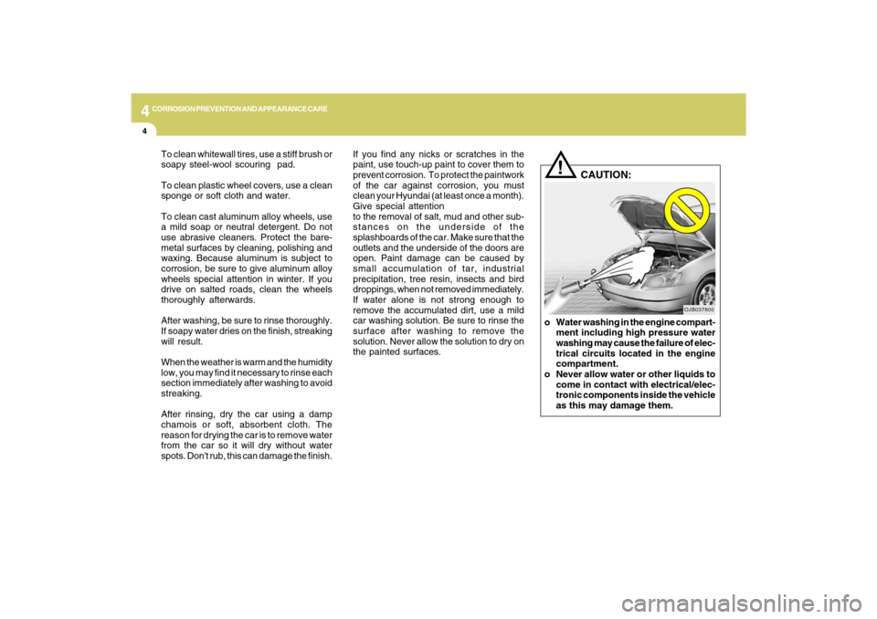 Hyundai Sonata 2009  Owners Manual 4
CORROSION PREVENTION AND APPEARANCE CARE4
If you find any nicks or scratches in the
paint, use touch-up paint to cover them to
prevent corrosion.  To protect the paintwork
of the car against corrosi