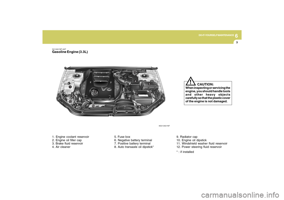 Hyundai Sonata 2009 User Guide 6
DO-IT-YOURSELF MAINTENANCE
3
8G010A01NF
G010A01NF-AATGasoline Engine (3.3L)
   CAUTION:
When inspecting or servicing the
engine, you should handle tools
and other heavy objects
carefully so that the