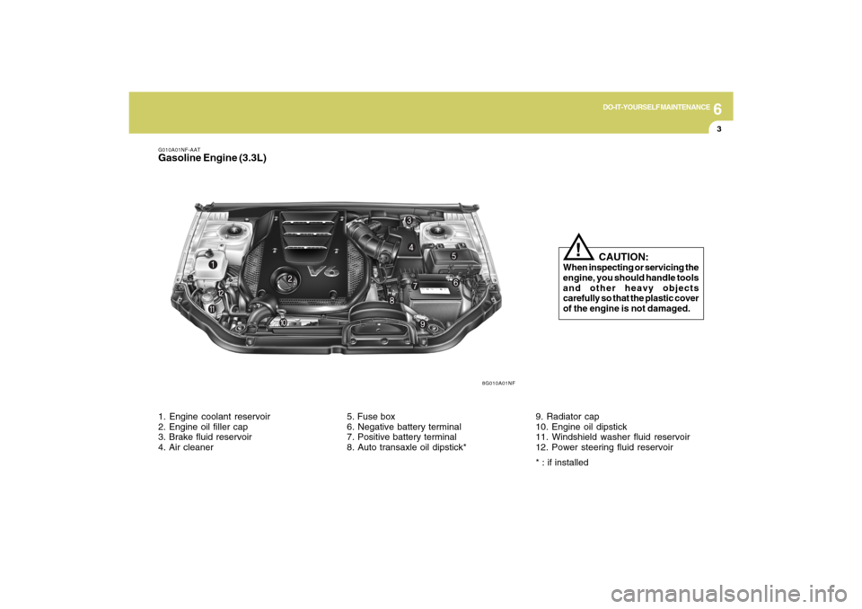Hyundai Sonata 6
DO-IT-YOURSELF MAINTENANCE
3
8G010A01NF
G010A01NF-AATGasoline Engine (3.3L)
CAUTION:
When inspecting or servicing the
engine, you should handle tools
and other heavy objects
carefully so that the Hyundai Sonata 6
DO-IT-YOURSELF MAINTENANCE
3
8G010A01NF
G010A01NF-AATGasoline Engine (3.3L)
CAUTION:
When inspecting or servicing the
engine, you should handle tools
and other heavy objects
carefully so that the