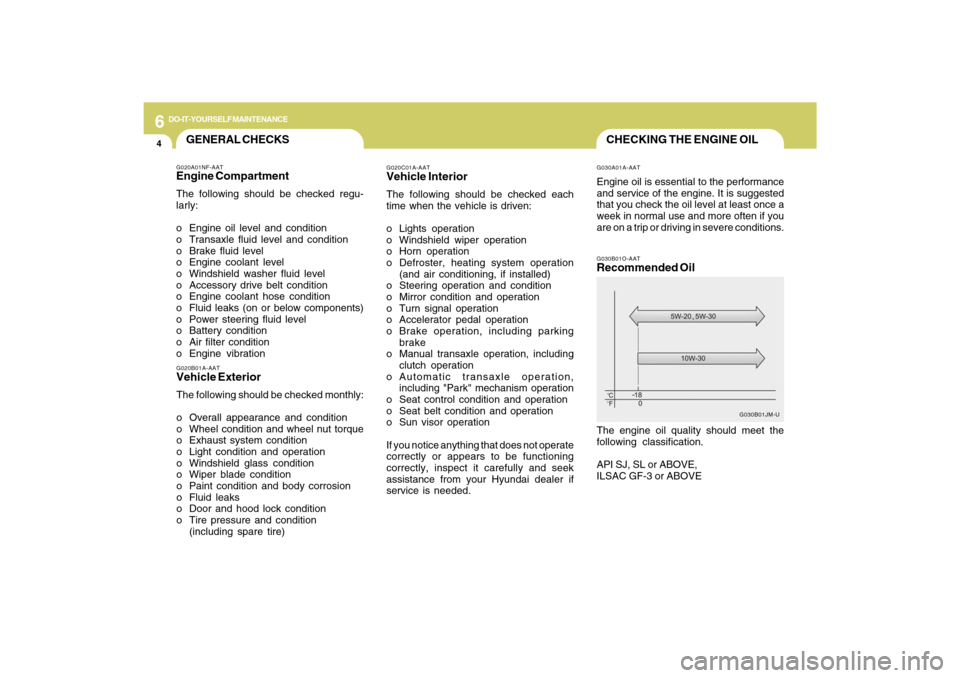 Hyundai Sonata 2009 User Guide 6
DO-IT-YOURSELF MAINTENANCE
4
G020C01A-AATVehicle InteriorThe following should be checked each
time when the vehicle is driven:
o Lights operation
o Windshield wiper operation
o Horn operation
o Defr