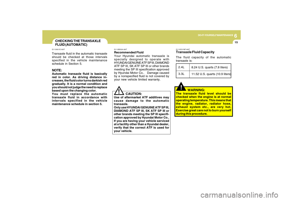 Hyundai Sonata 2009  Owners Manual 6
DO-IT-YOURSELF MAINTENANCE
15
CHECKING THE TRANSAXLE
FLUID (AUTOMATIC)G110A01E-AATTransaxle fluid in the automatic transaxle
should be checked at those intervals
specified in the vehicle maintenance