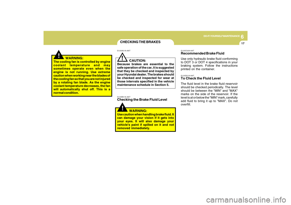 Hyundai Sonata 6
DO-IT-YOURSELF MAINTENANCE
17
CHECKING THE BRAKES!
G120B01A-AATChecking the Brake Fluid Level
   WARNING:Use caution when handling brake fluid. It
can damage your vision if it gets into
your eyes. I