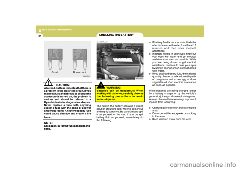 Hyundai Sonata 2009  Owners Manual 6
DO-IT-YOURSELF MAINTENANCE
24
CHECKING THE BATTERY!
G210A01A-AAT
   WARNING:
Batteries can be dangerous! When
working with batteries, carefully  observe
the following precautions to avoid
serious in