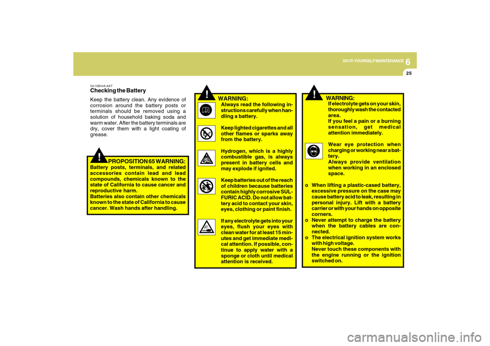 Hyundai Sonata 6
DO-IT-YOURSELF MAINTENANCE
25
!
G210B04A-AATChecking the BatteryKeep the battery clean. Any evidence of
corrosion around the battery posts or
terminals should be removed using a
solution of househol