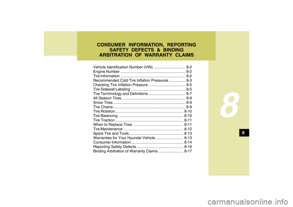 Hyundai Sonata Vehicle Identification Number (VIN) .............................. 8-2
Engine Number ............................................................. 8-2
Tire Information ................................