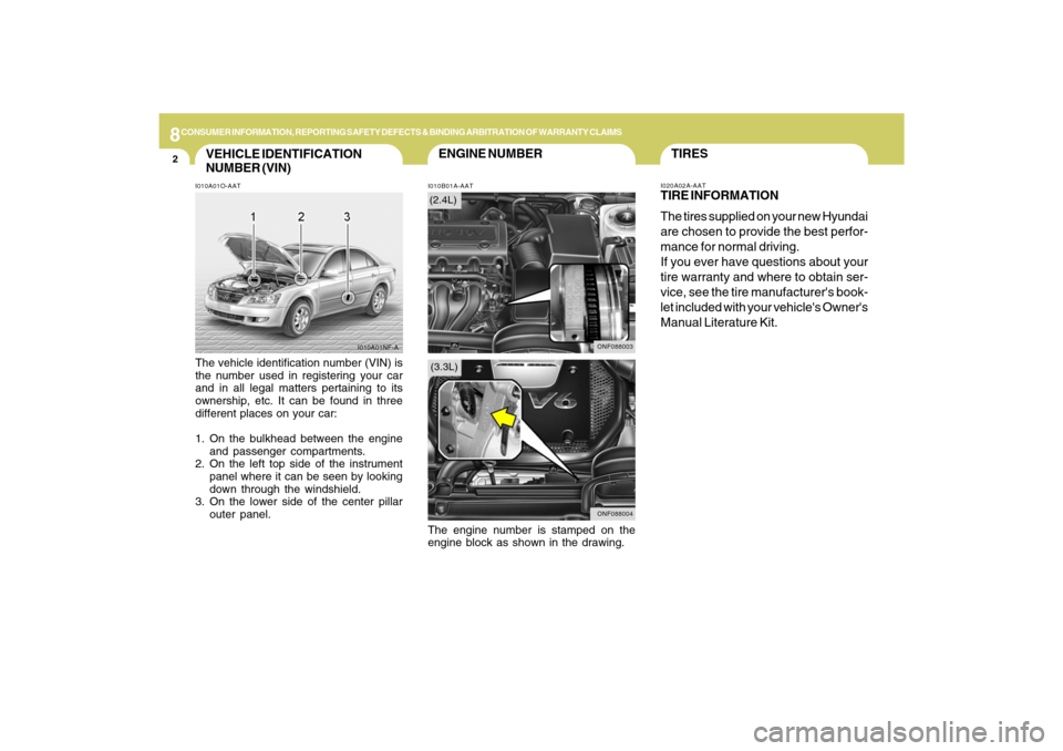 Hyundai Sonata 8CONSUMER INFORMATION, REPORTING SAFETY DEFECTS & BINDING ARBITRATION OF WARRANTY CLAIMS2
ENGINE NUMBER
VEHICLE IDENTIFICATION
NUMBER (VIN)
I010B01A-AAT I010A01O-AAT
The vehicle identification number 