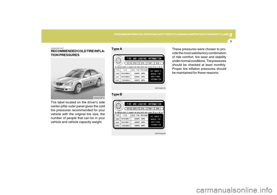 Hyundai Sonata 8
CONSUMER INFORMATION, REPORTING SAFETY DEFECTS & BINDING ARBITRATION OF WARRANTY CLAIMS
3
ONF058022N
I030A03NF-AATRECOMMENDED COLD TIRE INFLA-
TION PRESSURES
Tire label located on the drivers side
