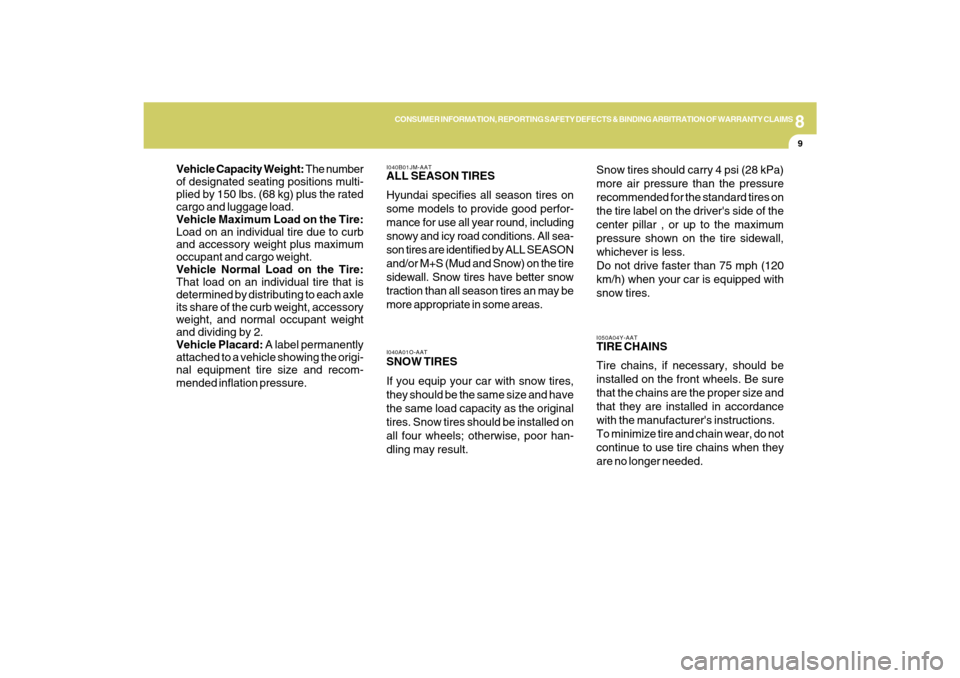 Hyundai Sonata 2009  Owners Manual 8
CONSUMER INFORMATION, REPORTING SAFETY DEFECTS & BINDING ARBITRATION OF WARRANTY CLAIMS
9
Vehicle Capacity Weight: The number
of designated seating positions multi-
plied by 150 lbs. (68 kg) plus th