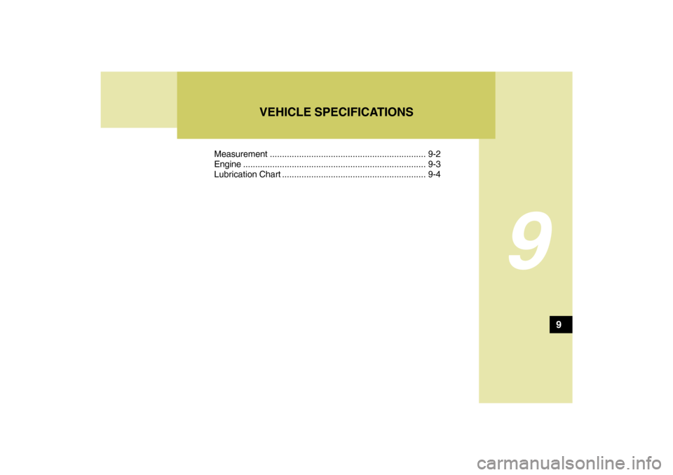 Hyundai Sonata 9
Measurement ................................................................ 9-2
Engine...........................................................................9-3
Lubrication Chart ..............