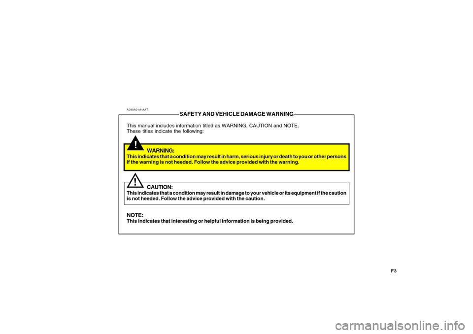Hyundai Sonata F3
A090A01A-AAT
SAFETY AND VEHICLE DAMAGE WARNING
This manual includes information titled as WARNING, CAUTION and NOTE.
These titles indicate the following:
WARNING:
This indicates that a condition ma