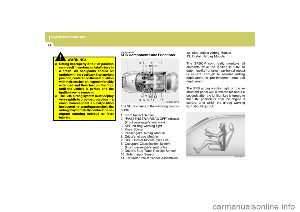 Hyundai Sonata 2009  Owners Manual 1FEATURES OF YOUR HYUNDAI38
12. Side Impact Airbag Module
13. Curtain Airbag Module
The SRSCM continually monitors all
elements while the ignition is "ON" to
determine if a frontal or near-frontal imp