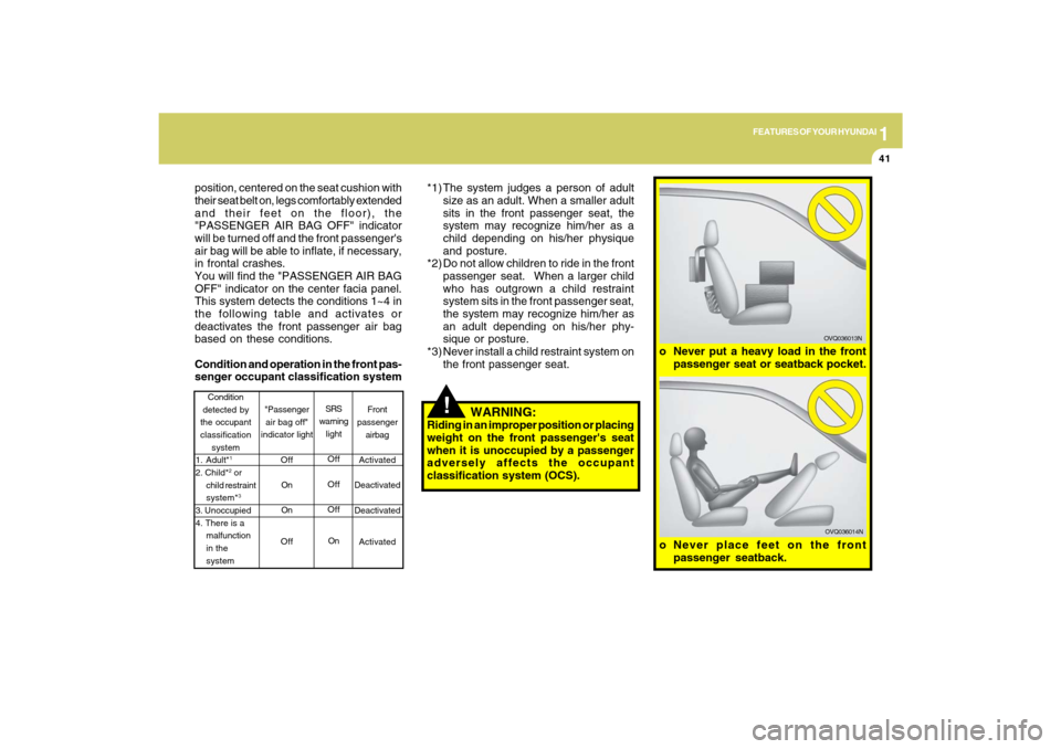 Hyundai Sonata 2009  Owners Manual 1
FEATURES OF YOUR HYUNDAI
41
!
position, centered on the seat cushion with
their seat belt on, legs comfortably extended
and their feet on the floor), the
"PASSENGER AIR BAG OFF" indicator
will be tu