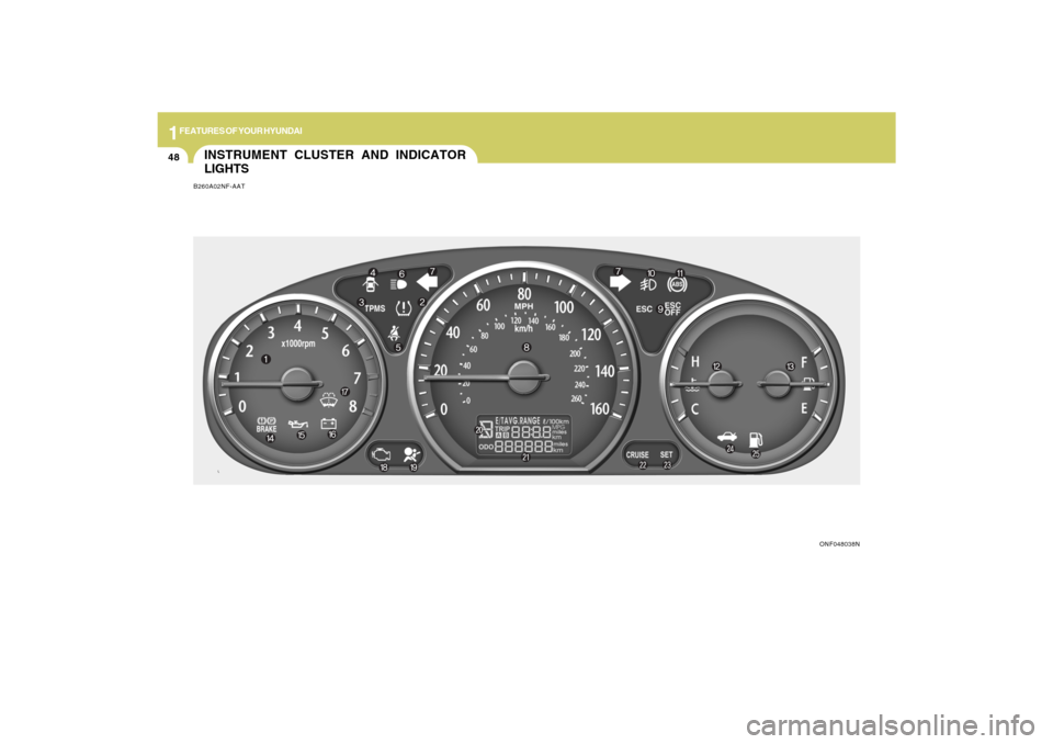 Hyundai Sonata 1FEATURES OF YOUR HYUNDAI48
INSTRUMENT CLUSTER AND INDICATOR
LIGHTSB260A02NF-AAT
ONF048038N Hyundai Sonata 1FEATURES OF YOUR HYUNDAI48
INSTRUMENT CLUSTER AND INDICATOR
LIGHTSB260A02NF-AAT
ONF048038N
