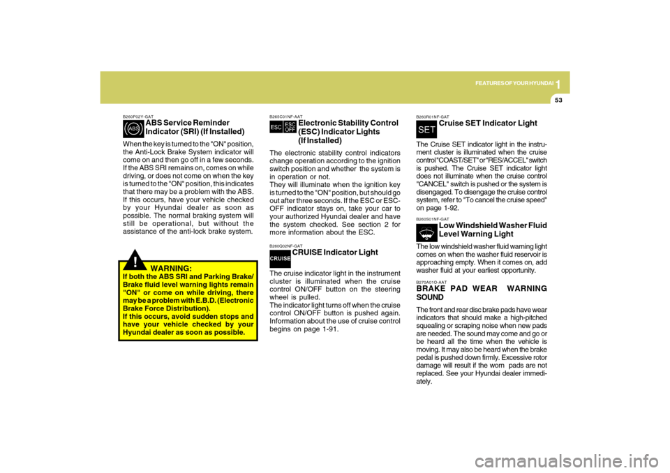 Hyundai Sonata 2009  Owners Manual 1
FEATURES OF YOUR HYUNDAI
53
!
B260P02Y-GAT
ABS Service Reminder
Indicator (SRI) (If Installed)
When the key is turned to the "ON" position,
the Anti-Lock Brake System indicator will
come on and then