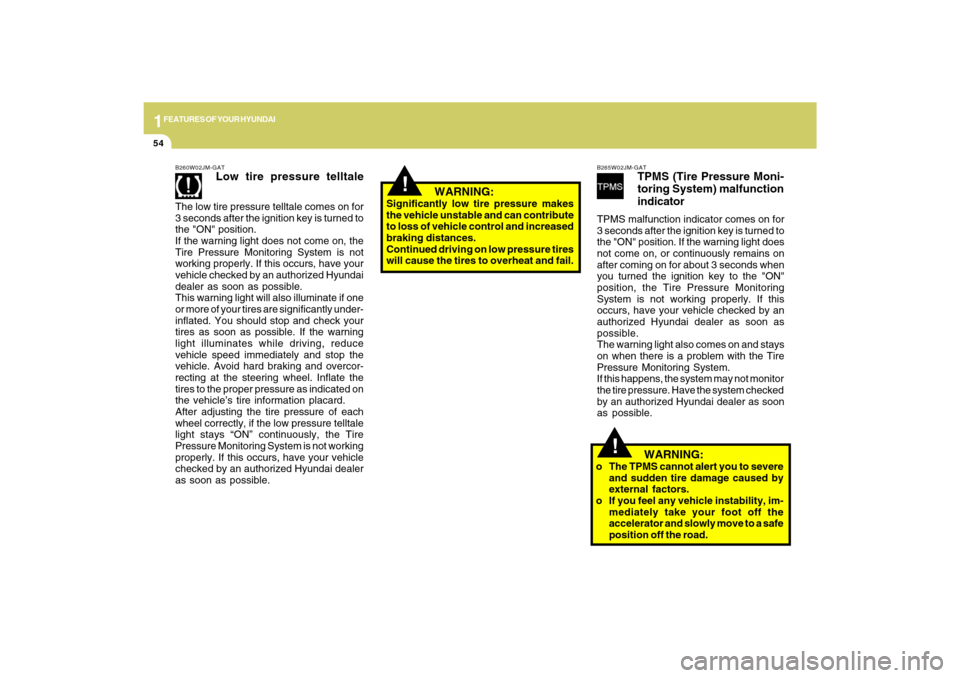 Hyundai Sonata 2009  Owners Manual 1FEATURES OF YOUR HYUNDAI54
!
!
   WARNING:
Significantly low tire pressure makes
the vehicle unstable and can contribute
to loss of vehicle control and increased
braking distances.
Continued driving 