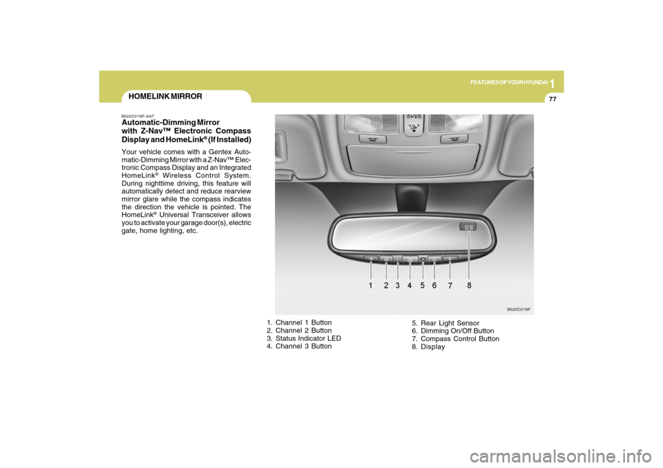 Hyundai Sonata 1
FEATURES OF YOUR HYUNDAI
77
HOMELINK MIRRORB520C01NF-AATAutomatic-Dimming Mirror
with Z-Nav™ Electronic Compass
Display and HomeLink
® (If Installed)
Your vehicle comes with a Gentex Auto-
matic-