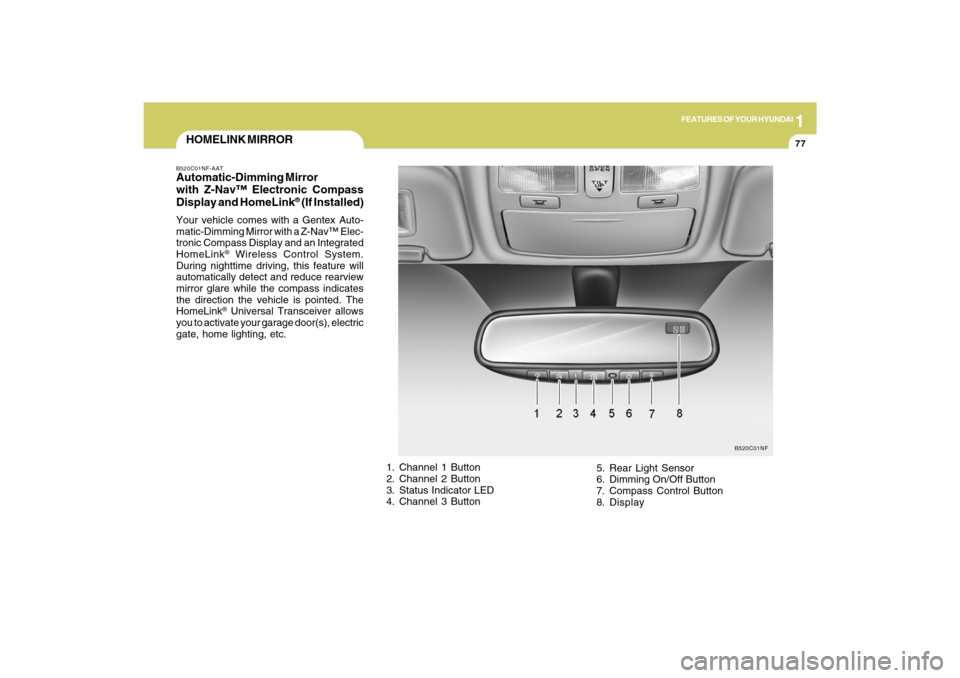 Hyundai Sonata 1
FEATURES OF YOUR HYUNDAI
77
HOMELINK MIRRORB520C01NF-AATAutomatic-Dimming Mirror
with Z-Nav™ Electronic Compass
Display and HomeLink
® (If Installed)
Your vehicle comes with a Gentex Auto-
matic- Hyundai Sonata 1
FEATURES OF YOUR HYUNDAI
77
HOMELINK MIRRORB520C01NF-AATAutomatic-Dimming Mirror
with Z-Nav™ Electronic Compass
Display and HomeLink
® (If Installed)
Your vehicle comes with a Gentex Auto-
matic-