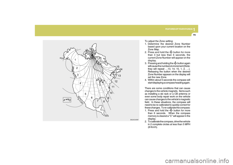 Hyundai Sonata 2009  Owners Manual 1
FEATURES OF YOUR HYUNDAI
79
To adjust the Zone setting:
1. Determine the desired Zone Number
based upon your current location on the
Zone Map.
2. Press and hold the 
 button for more
than 3 but less