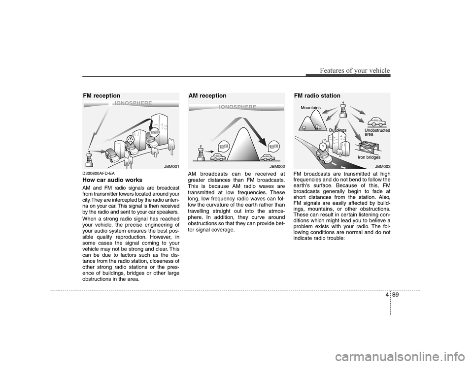 Hyundai Sonata 2009  Owners Manual - RHD (UK, Australia) 489
Features of your vehicle
D300800AFD-EA 
How car audio works 
AM and FM radio signals are broadcast 
from transmitter towers located around your
city. They are intercepted by the radio anten-
na on