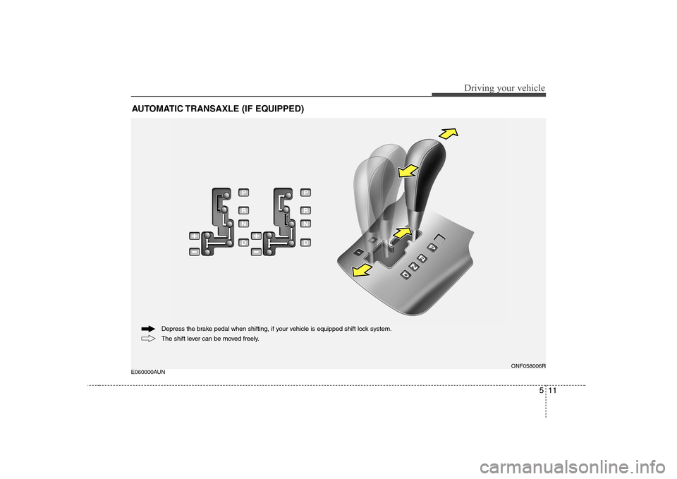 Hyundai Sonata 511
Driving your vehicle
E060000AUNAUTOMATIC TRANSAXLE (IF EQUIPPED)ONF058006R
The shift lever can be moved freely.
Depress the brake pedal when shifting, if your vehicle is equipped shift lock system Hyundai Sonata 511
Driving your vehicle
E060000AUNAUTOMATIC TRANSAXLE (IF EQUIPPED)ONF058006R
The shift lever can be moved freely.
Depress the brake pedal when shifting, if your vehicle is equipped shift lock system