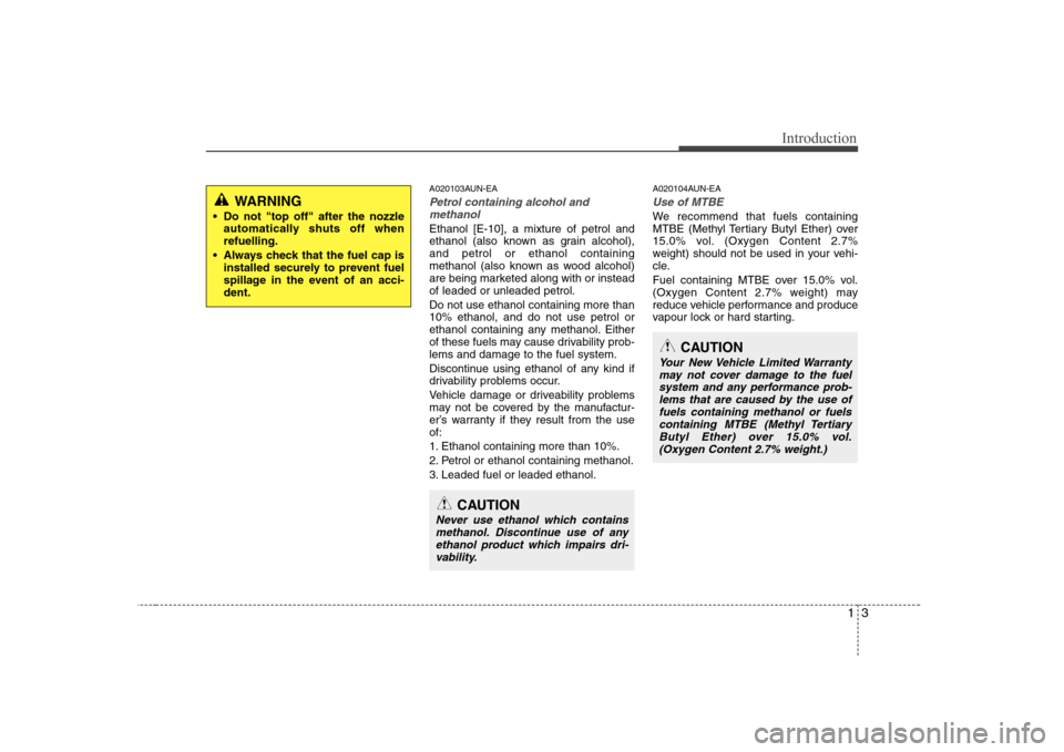 Hyundai Sonata 2009  Owners Manual - RHD (UK, Australia) 13
Introduction
A020103AUN-EA
Petrol containing alcohol andmethanol
Ethanol [E-10], a mixture of petrol and 
ethanol (also known as grain alcohol),and petrol or ethanol containing
methanol (also known