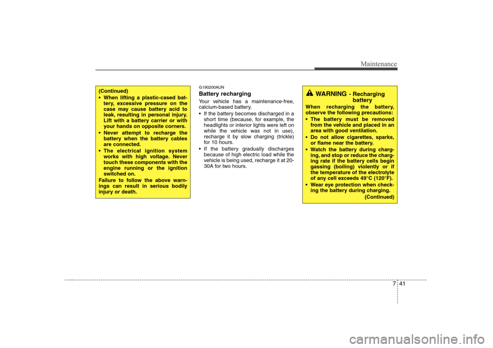 Hyundai Sonata 741
Maintenance
G190200AUN 
Battery recharging   
Your vehicle has a maintenance-free, 
calcium-based battery. 
 If the battery becomes discharged in ashort time (because, for example, the 
headlights