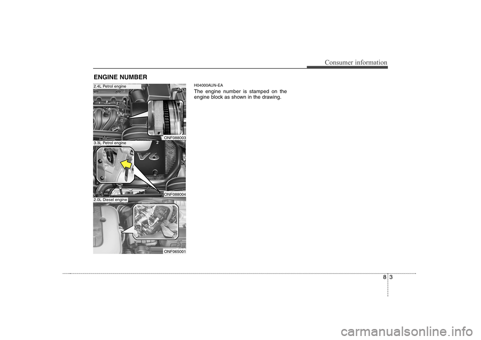 Hyundai Sonata 83
Consumer information
H04000AUN-EA
The engine number is stamped on the
engine block as shown in the drawing.
ENGINE NUMBER
ONF088003
ONF088004
ONF065001
2.4L Petrol engine
3.3L Petrol engine
2.0L Hyundai Sonata 83
Consumer information
H04000AUN-EA
The engine number is stamped on the
engine block as shown in the drawing.
ENGINE NUMBER
ONF088003
ONF088004
ONF065001
2.4L Petrol engine
3.3L Petrol engine
2.0L