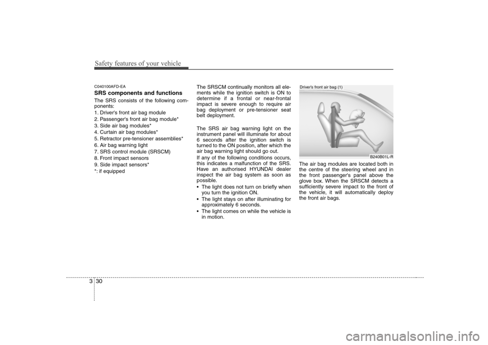 Hyundai Sonata 2009  Owners Manual - RHD (UK, Australia) Safety features of your vehicle
30
3
C040100AFD-EA SRS components and functions 
The SRS consists of the following com- ponents: 
1. Drivers front air bag module
2. Passengers front air bag module*
