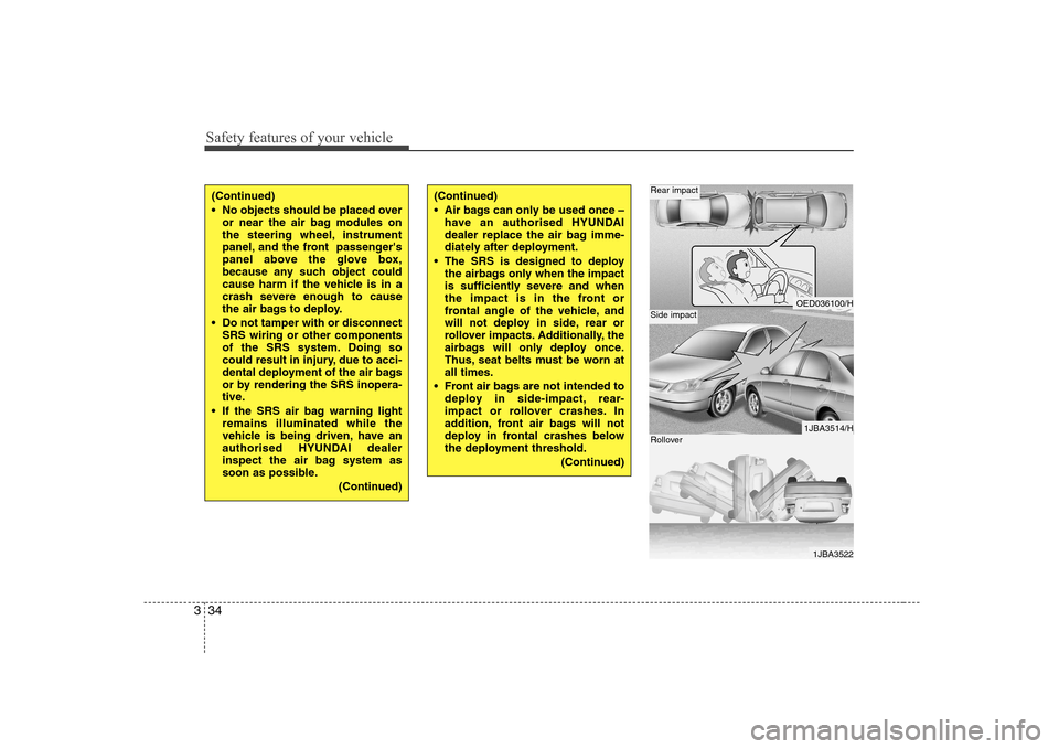 Hyundai Sonata Safety features of your vehicle
34
3
OED036100/H
1JBA3514/H
1JBA3522
Rear impact
Side impact
Rollover
(Continued)
No objects should be placed over
or near the air bag modules on
the steering wheel, Hyundai Sonata Safety features of your vehicle
34
3
OED036100/H
1JBA3514/H
1JBA3522
Rear impact
Side impact
Rollover
(Continued)
No objects should be placed over
or near the air bag modules on
the steering wheel,