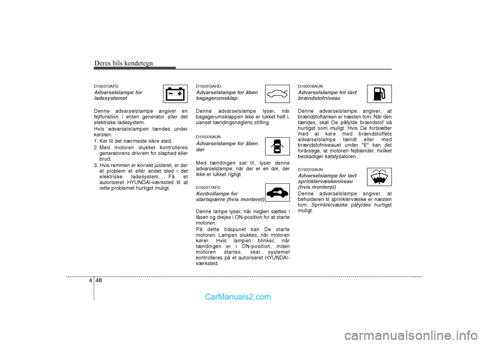 Hyundai Sonata Deres bils kendetegn
48
4
D150313AFD
Advarselslampe for
ladesystemet
Denne advarselslampe angiver en
fejlfunktion i enten generator eller det
elektriske ladesystem.
Hvis advarselslampen tændes un Hyundai Sonata Deres bils kendetegn
48
4
D150313AFD
Advarselslampe for
ladesystemet
Denne advarselslampe angiver en
fejlfunktion i enten generator eller det
elektriske ladesystem.
Hvis advarselslampen tændes un