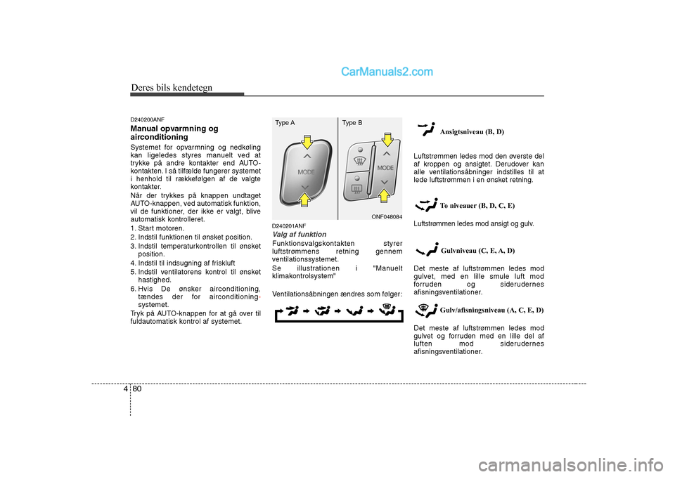 Hyundai Sonata Deres bils kendetegn
80
4
D240200ANF
Manual opvarmning og
airconditioning
Systemet for opvarmning og nedkøling
kan ligeledes styres manuelt ved at
trykke på andre kontakter end AUTO-
kontakten. Hyundai Sonata Deres bils kendetegn
80
4
D240200ANF
Manual opvarmning og
airconditioning
Systemet for opvarmning og nedkøling
kan ligeledes styres manuelt ved at
trykke på andre kontakter end AUTO-
kontakten.