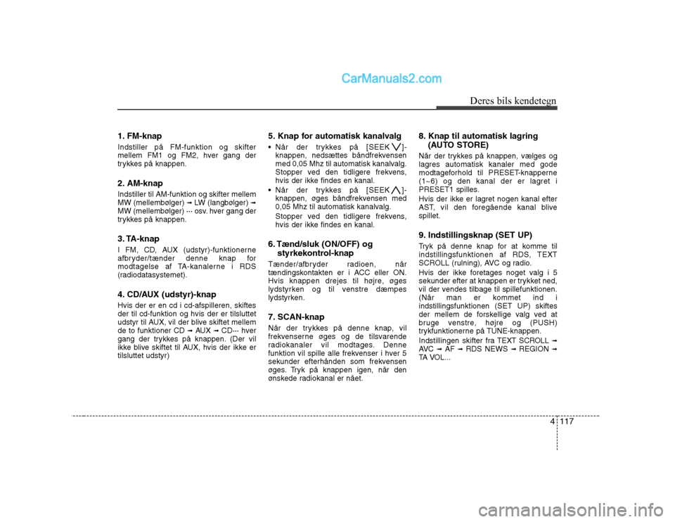 Hyundai Sonata 4117
Deres bils kendetegn
1. FM-knap  Indstiller på FM-funktion og skifter 
mellem FM1 og FM2, hver gang der
trykkes på knappen. 
2. AM-knap  Indstiller til AM-funktion og skifter mellem 
MW (mellem