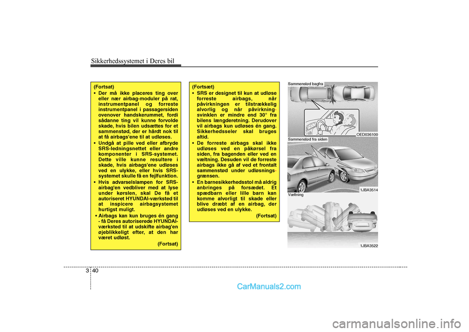 Hyundai Sonata Sikkerhedssystemet i Deres bil
40
3
(Fortsat) 
 Der må ikke placeres ting over
eller nær airbag-moduler på rat, 
instrumentpanel og forreste
instrumentpanel i passagersiden
ovenover handskerummet, 