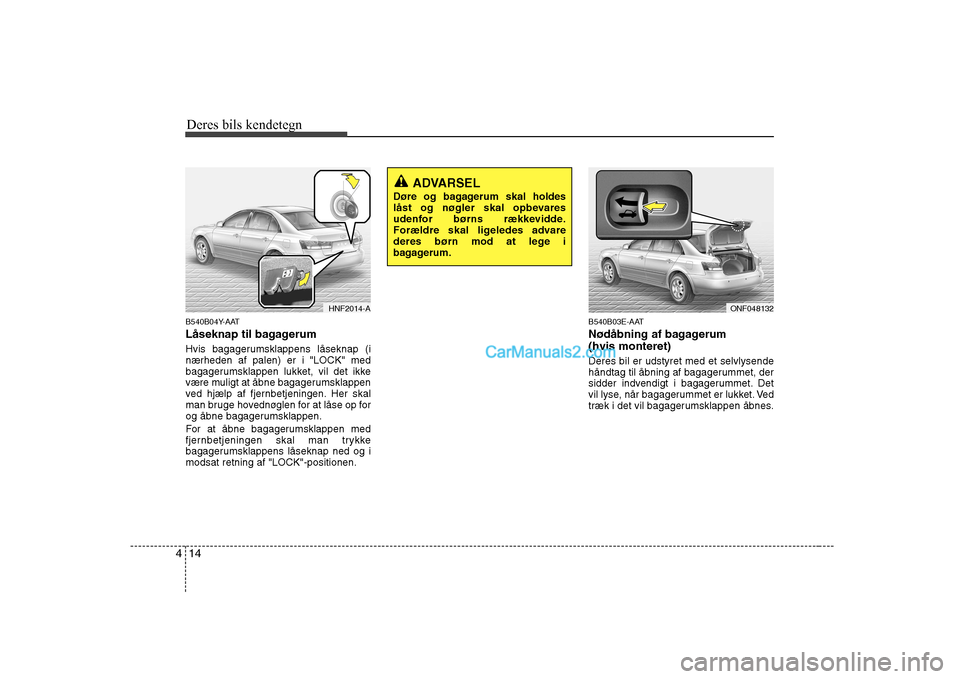 Hyundai Sonata Deres bils kendetegn
14
4
B540B04Y-AAT
Låseknap til bagagerum
Hvis bagagerumsklappens låseknap (i nærheden af palen) er i "LOCK" med
bagagerumsklappen lukket, vil det ikke
være muligt at åbne b Hyundai Sonata Deres bils kendetegn
14
4
B540B04Y-AAT
Låseknap til bagagerum
Hvis bagagerumsklappens låseknap (i nærheden af palen) er i "LOCK" med
bagagerumsklappen lukket, vil det ikke
være muligt at åbne b