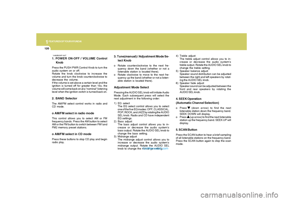 Hyundai Sonata 2008  Owners Manual 1FEATURES OF YOUR HYUNDAI
120
 V480B03NF-AAT1. POWER ON-OFF / VOLUME Control
KnobPress the PUSH PWR Control Knob to turn the
audio system on or off.
Rotate the knob clockwise to increase the
volume an