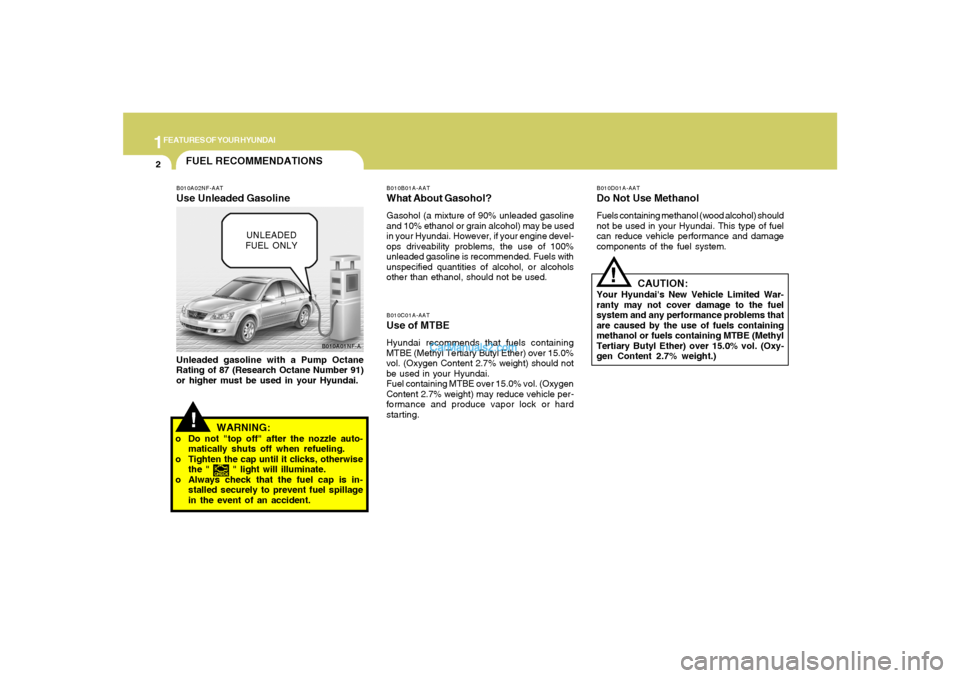 Hyundai Sonata 1FEATURES OF YOUR HYUNDAI2
!
B010A01NF-A
FUEL RECOMMENDATIONS
CAUTION:
Your Hyundais New Vehicle Limited War-
ranty may not cover damage to the fuel
system and any performance problems that
are cause