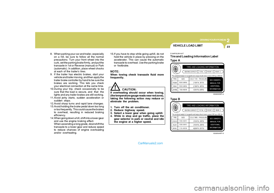 Hyundai Sonata 2008  Owners Manual 2
DRIVING YOUR HYUNDAI
23
8. When parking your car and trailer, especially
on a hill, be sure to follow all the normal
precautions. Turn your front wheel into the
curb, set the parking brake firmly, a