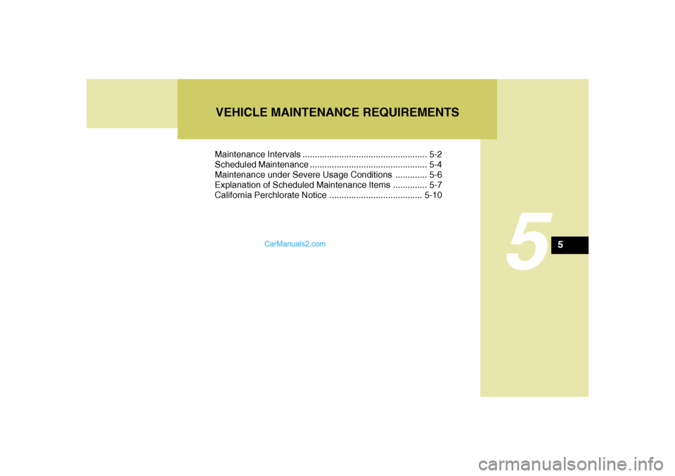 Hyundai Sonata 5
Maintenance Intervals ................................................... 5-2
Scheduled Maintenance ................................................ 5-4
Maintenance under Severe Usage Conditions ... Hyundai Sonata 5
Maintenance Intervals ................................................... 5-2
Scheduled Maintenance ................................................ 5-4
Maintenance under Severe Usage Conditions ...