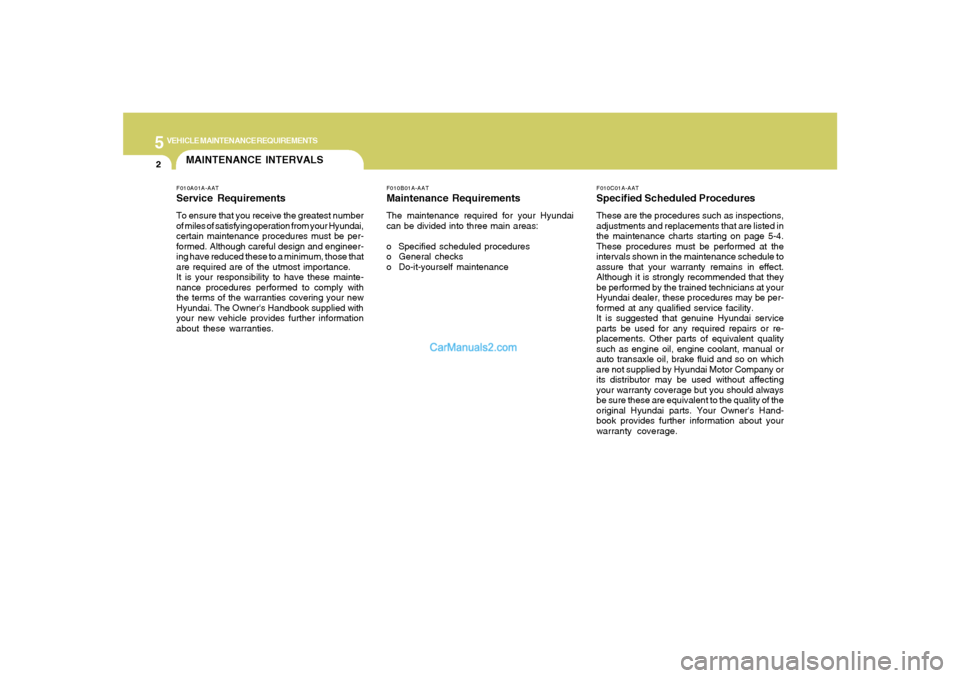 Hyundai Sonata 5
VEHICLE MAINTENANCE REQUIREMENTS2
F010C01A-AATSpecified Scheduled ProceduresThese are the procedures such as inspections,
adjustments and replacements that are listed in
the maintenance charts start