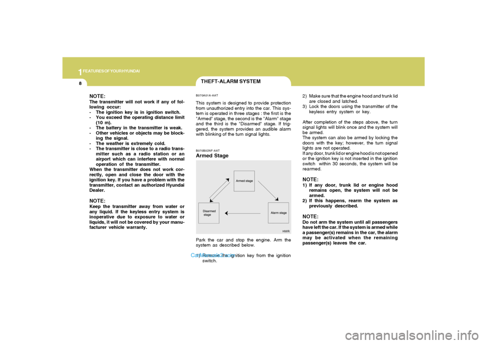 Hyundai Sonata 2008 Owners Guide 1FEATURES OF YOUR HYUNDAI8
2) Make sure that the engine hood and trunk lid
are closed and latched.
3) Lock the doors using the transmitter of the
keyless entry system or key.
After completion of the s