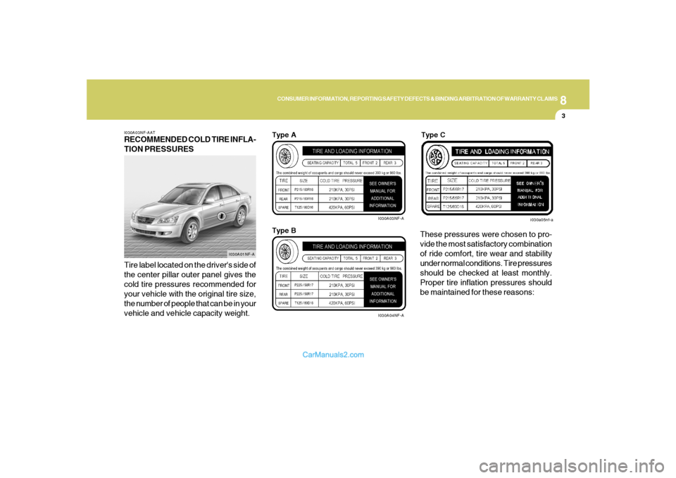 Hyundai Sonata 8
CONSUMER INFORMATION, REPORTING SAFETY DEFECTS & BINDING ARBITRATION OF WARRANTY CLAIMS
3
I030A03NF-AATRECOMMENDED COLD TIRE INFLA-
TION PRESSURES
Tire label located on the drivers side of
the cent Hyundai Sonata 8
CONSUMER INFORMATION, REPORTING SAFETY DEFECTS & BINDING ARBITRATION OF WARRANTY CLAIMS
3
I030A03NF-AATRECOMMENDED COLD TIRE INFLA-
TION PRESSURES
Tire label located on the drivers side of
the cent