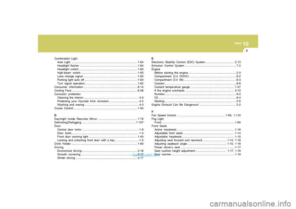 Hyundai Sonata 10
INDEX
3
Combination Light
Auto Light .....................................................................................1-64
Headlight flasher.....................................................