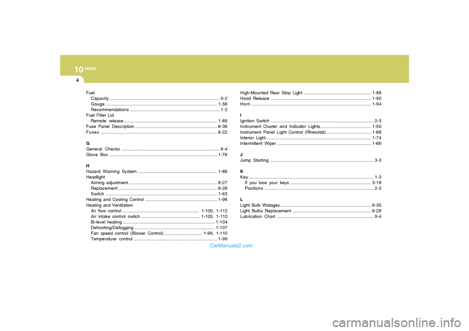 Hyundai Sonata 2008 Owners Manual 10
INDEX
4
Fuel
Capacity.......................................................................................... 9-2
Gauge............................................................................ Hyundai Sonata 2008 Owners Manual 10
INDEX
4
Fuel
Capacity.......................................................................................... 9-2
Gauge............................................................................