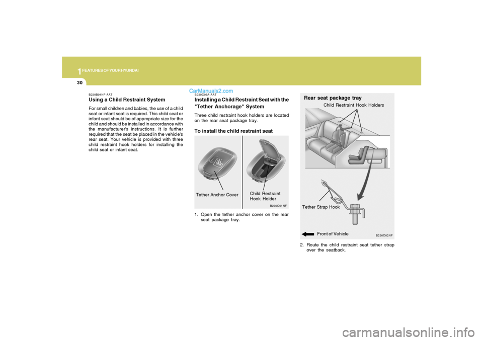 Hyundai Sonata 2008 Service Manual 1FEATURES OF YOUR HYUNDAI30
2. Route the child restraint seat tether strap
over the seatback.
B230C02NF
Rear seat package trayTether Strap Hook
Child Restraint Hook Holders
B230C05A-AATInstalling a Ch