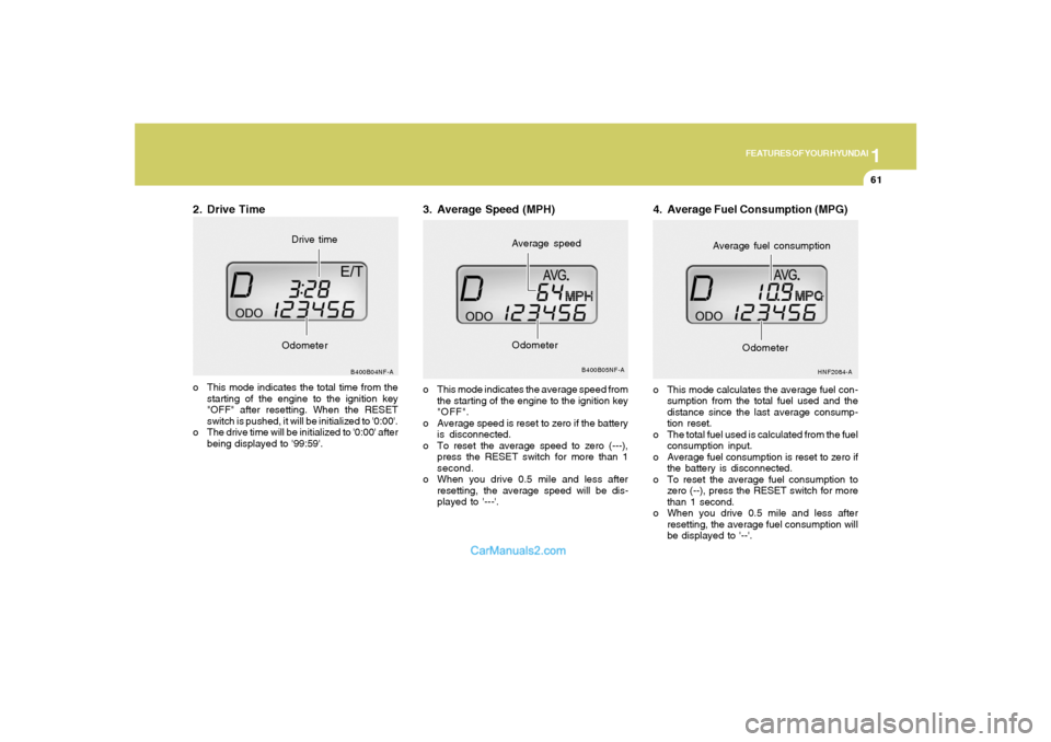 Hyundai Sonata 2008  Owners Manual 1
FEATURES OF YOUR HYUNDAI
61
2. Drive Timeo This mode indicates the total time from the
starting of the engine to the ignition key
"OFF" after resetting. When the RESET
switch is pushed, it will be i