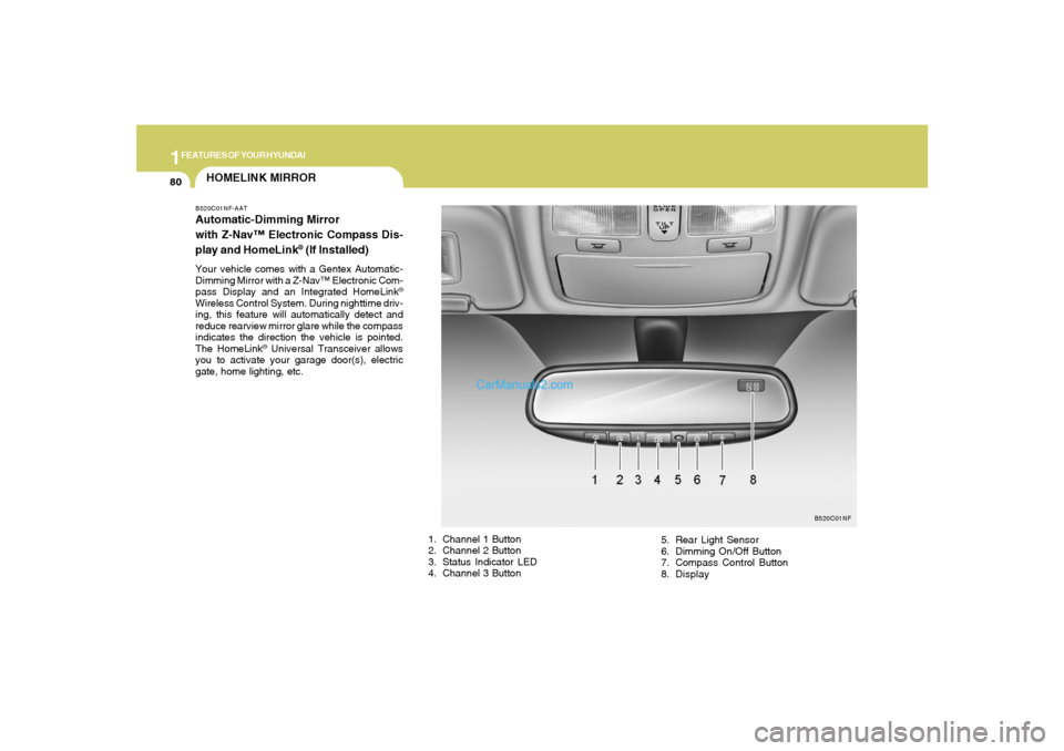 Hyundai Sonata 2008  Owners Manual 1FEATURES OF YOUR HYUNDAI80
HOMELINK MIRRORB520C01NF-AATAutomatic-Dimming Mirror
with Z-Nav™ Electronic Compass Dis-
play and HomeLink
® (If Installed)
Your vehicle comes with a Gentex Automatic-
D