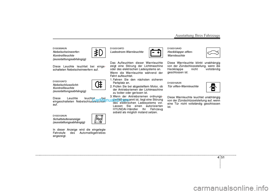 Hyundai Sonata 2008 Betriebsanleitung (in German) 451
Ausstattung Ihres Fahrzeugs
D150309AUN
Nebelscheinwerfer-Kontrollleuchte (ausstattungsabhängig)
Diese Leuchte leuchtet bei einge-schalteten Nebelscheinwerfern auf. D150310AFD
Nebelschlusslicht-Ko Hyundai Sonata 2008 Betriebsanleitung (in German) 451
Ausstattung Ihres Fahrzeugs
D150309AUN
Nebelscheinwerfer-Kontrollleuchte (ausstattungsabhängig)
Diese Leuchte leuchtet bei einge-schalteten Nebelscheinwerfern auf. D150310AFD
Nebelschlusslicht-Ko